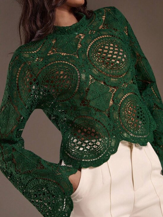 MODA ME COUTURE Tops - Dark Green Casual Women's Long Sleeve See-Through Top